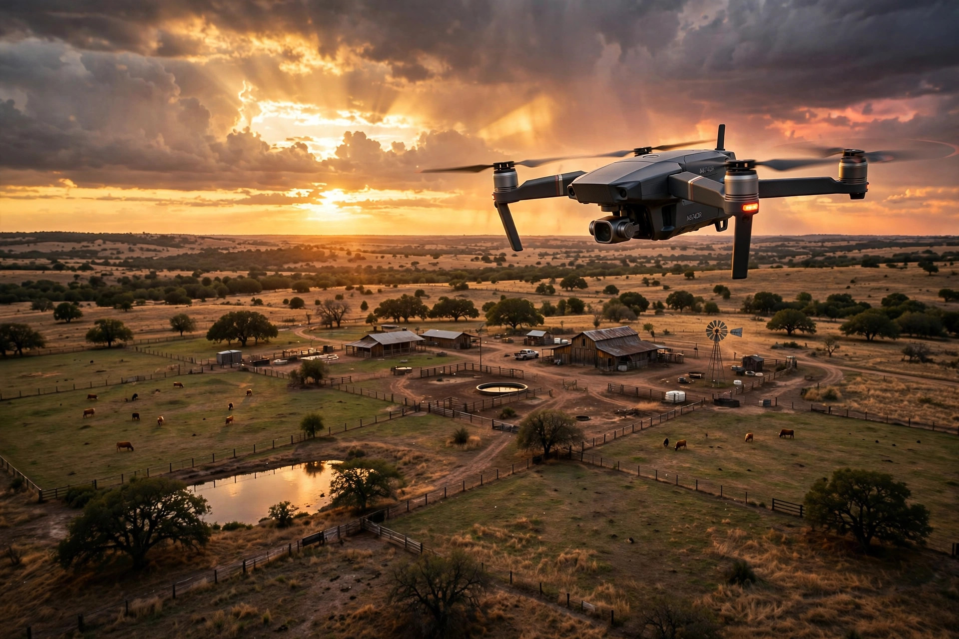Drone flying over Texas ranch at sunset